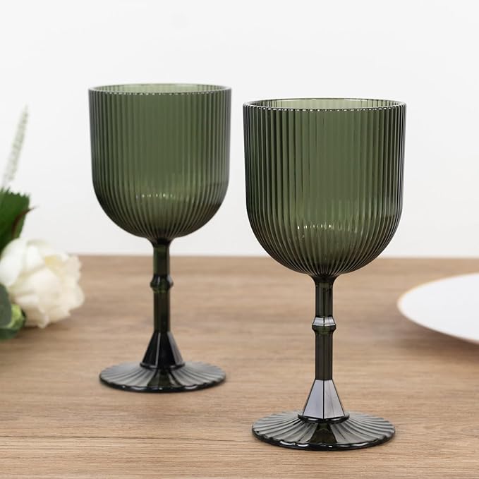TCF Linen 12 Pack Hunter Green Plastic Wine Goblets, 9oz Ribbed Reusable Shatterproof Drinkware for Weddings Parties Catering Cocktails and Desserts Cups