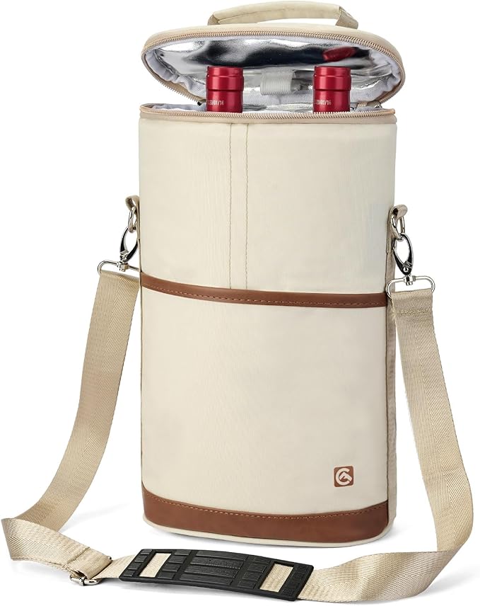 ALLCAMP 2 Bottle Wine Tote Carrier - Insulated Portable Padded Canvas Wine Bag for Travel, BYOB Restaurant, Wine Tasting, Party, Great Christmas Day Gift for Wine Lover，Cream-colored