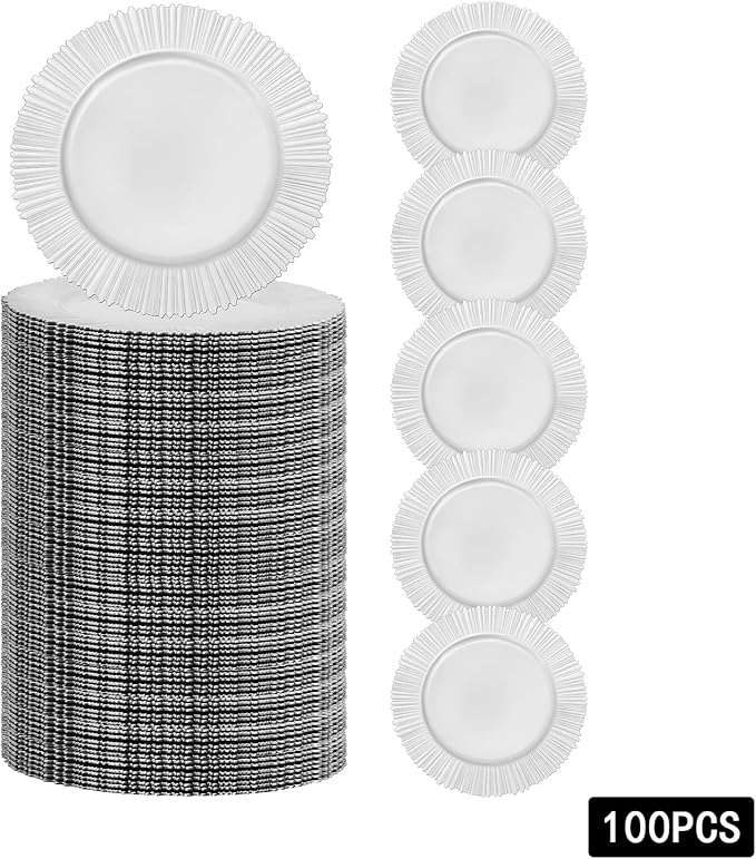 Sliver Plastic Charger Plates Set of 100, 13” Reusable Party Chargers for Dinner Plates, Elegant Round Service Plate Chargers Bulk Decorative for Wedding, Catering Table Decor