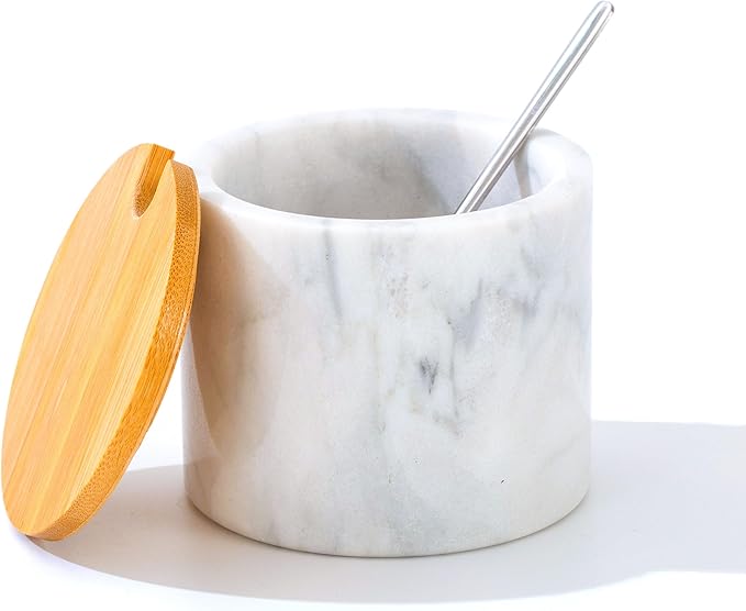 Marble Sugar Bowl with Lid & Spoon, Sugar Container 11oz,Sugar Dispenser Handcrafted from Natural Marble, Smooth Inside (light white grey)