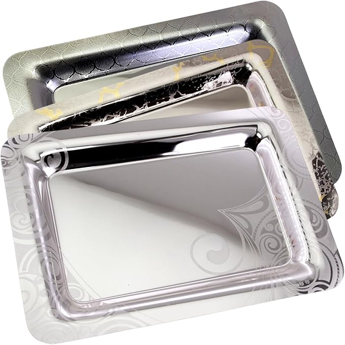 (Pack of 3) 15.7 inch x 11 inch Oblong Chrome Plated Serving Tray in Different Pattern Stylish Design Floral Engraved Iron Gold Edge Decor Wedding Dessert Buffet Platter Plate NC-017