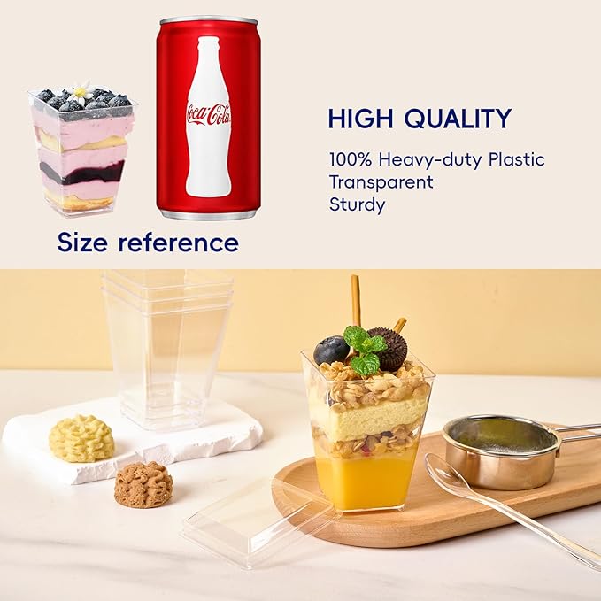 JOLLY CHEF 100 Pack 5 oz Plastic Dessert Cups with Lids and Spoons, Clear Appetizer Cups for Parties, Disposable Square Dessert Shooter for Pudding Fruit Ice Cream