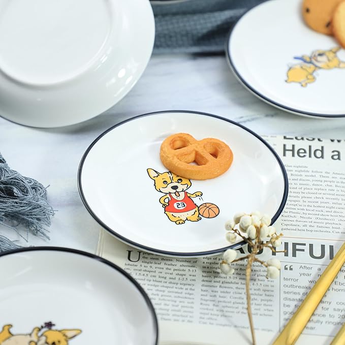 Cute Cartoon Animals Pattern Ceramic Sauce Dishes, Seasoning Dishes, Sushi Soy Dipping Bowls, Appetizer Plates, Dessert Plates, Little Cat Bird Feeding Bowls, Set of 6-Cute Corgi-5 Inch