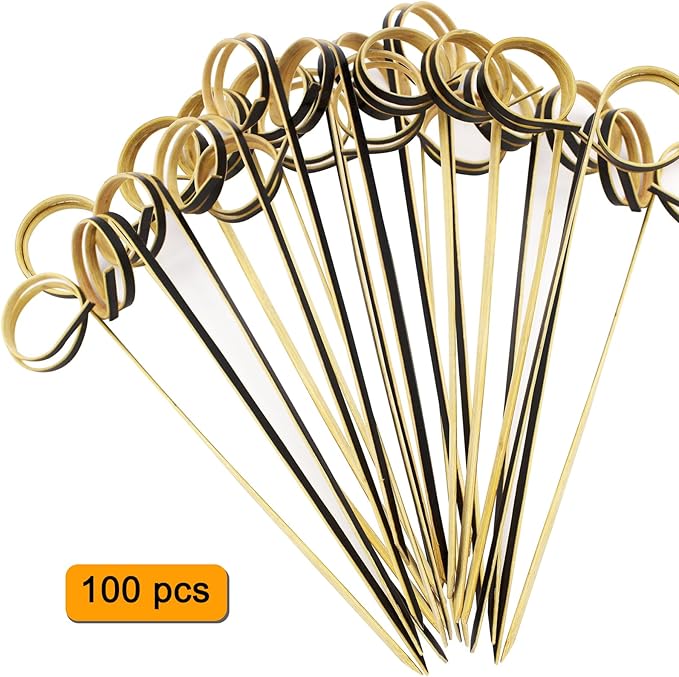 100pcs 4.7 IN Bamboo Cocktail Picks with Ring Knot,Black,for Cocktail Party, Barbeque, Club Sandwiches