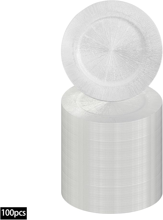 100 Pcs Antique Charger Plates Bulk 13 Inch Embossed Rim Plastic Party Dinner Plate Chargers Round Decorative Server Plate for Wedding Party Event Tableware (100pcs-silver3)