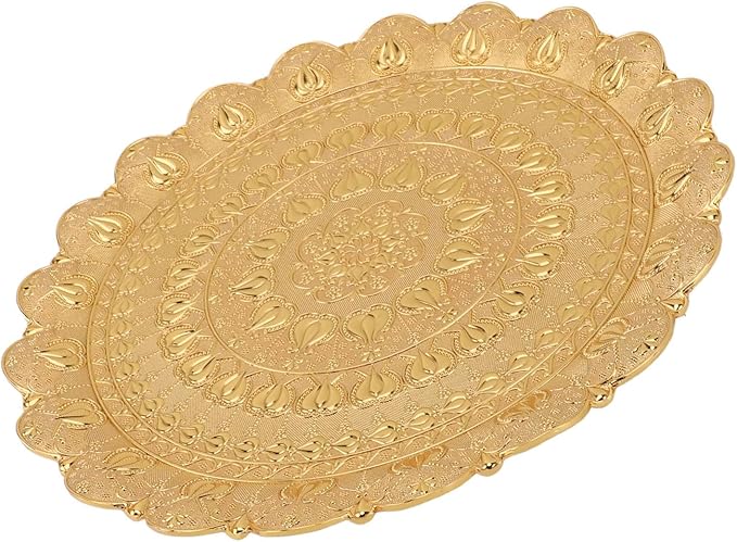 Turkish Tea Coffee Serving Tray, Vintage Style Round Coffee Plate, Embossed Pattern Metal Tray for Bar Outdoor Dresser Dessert, Multi Purpose Serving Tray for Coffee Tea Jewelry Co (Gold)