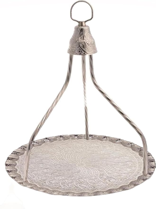 Ottoman Turkish Coffee and Tea Serving Tray, Suitable for The Restaurant, Round Shape, Width 13,7 Inch (35 cm) (Silver)