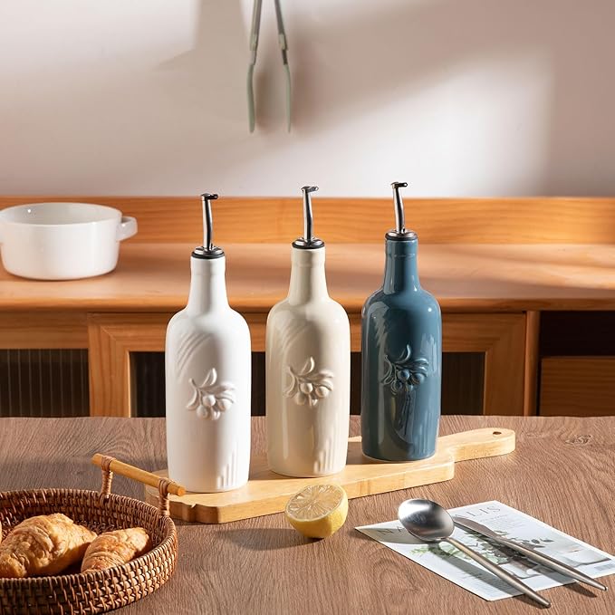 Sweejar Ceramic Olive Oil Dispenser Bottle, 17 FLOZ Oil Bottle with Spout，Porcelain Oil Dispenser for Kitchen,Cooking, Evoo, Vinegar, Soy Sauce, Pack of 1 (White)
