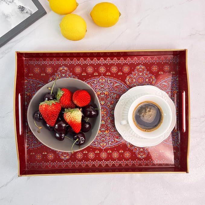 Boho Red Decorative Tray, Serving Tray with Handles, Plastic Tray for Coffee Table, Ottoman - Ideal for Living Room & Bathroom. 15” x 11” x 2.5”