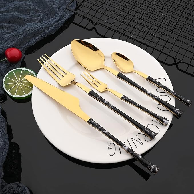 JASHII 30pcs Stainless Steel Imitation Marble Handle Cutlery Flatware Set,Tableware Knife Cake Fork Spoons Dinnerware Set Party Kitchen Silverware for 6, Mirror Polished - Black&Gold