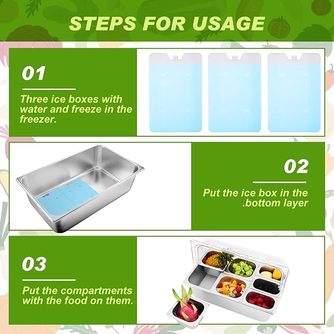Tessco for you 16 Pcs Ice Food Spice Serving Display Countertop Chilled Condiment Container Set with Lid, Stainless Steel Salad Cold Caddy for Buffet Restaurant Kitchen Party(7 Compartments)
