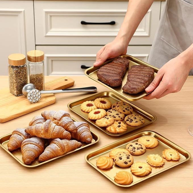 6 Pcs 8.6 x 6.4 Inch Baking Sheets Stainless Steel Baking Pan Tray Cookie Sheet Rectangle Mirror Finish and Rust Free Easy Clean and Dishwasher Safe Bakeware Oven Tray for Roasting(Gold)