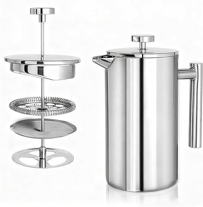 French Press Coffee Maker 34 Oz, Dual-wall insulation, easy clean, durable, Stainless Steel French Press Coffee Maker, Food grade, safe and reliable, suitable for home and camping, silver.