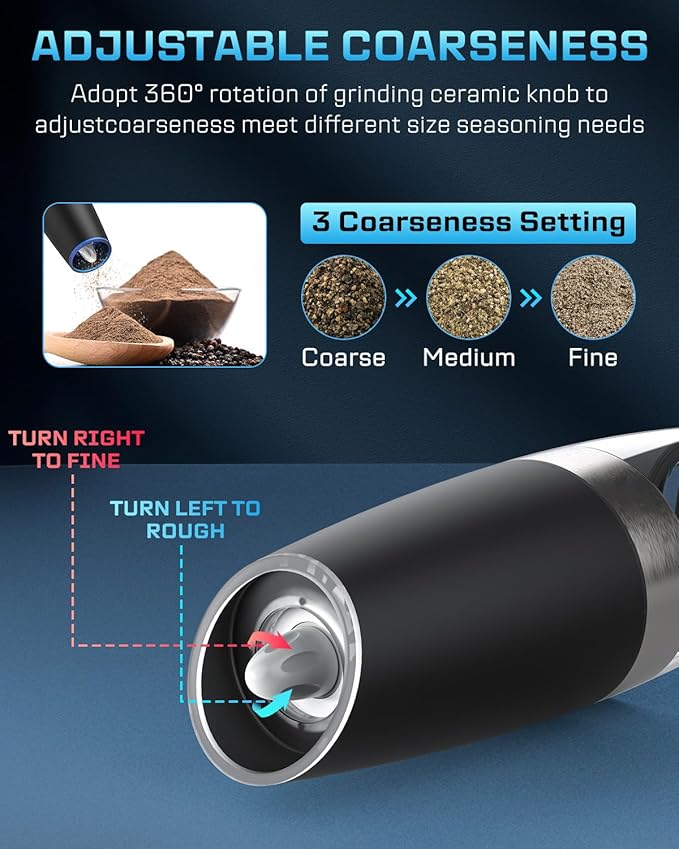 XinXu Gravity Electric Pepper and Salt Grinder Set, Adjustable Coarseness, with LED Light, One Hand Automatic Operation (Set/Black X)
