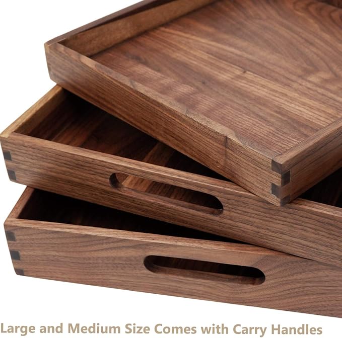 Set of 3 Large Solid Black Walnut Wood Ottoman Tray with Handles, Serve Tea, Coffee or Breakfast in Bed, Classic Wooden Decorative Serving Tray, L+M+S