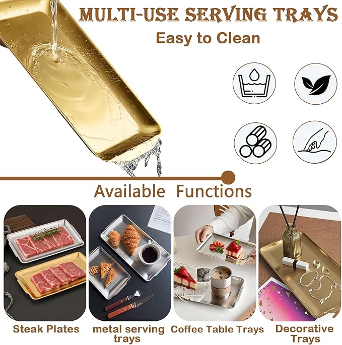 Gold Tray for Coffee Table, 304 Stainless Steel Serving Tray, 8.9" Vanity Organizer Tray for Camping, BBQ, Party, Buffet, Appetizer, Bathroom Supplies