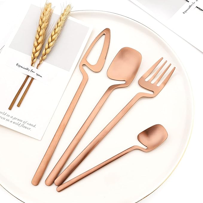 24-Pieces Copper Hangable & Cute 18/10 Stainless Steel Flatware Set, Matte Cutlery Set Kitchen Dinnerware Include Knife/Fork/Spoon/Teaspoon Service for 6, Rose Gold