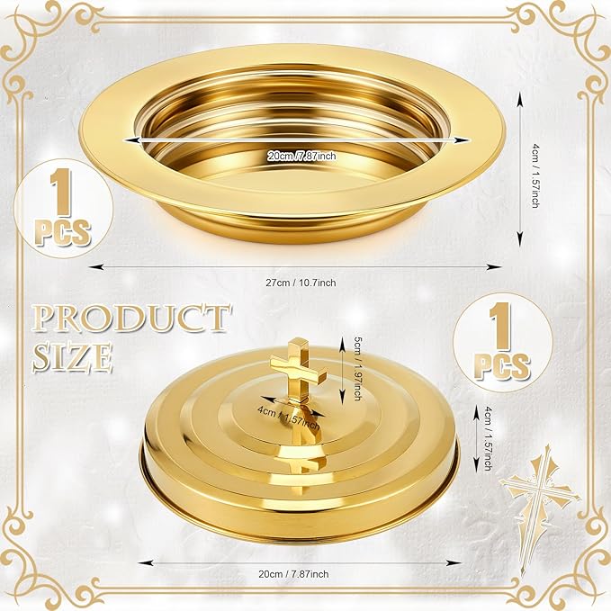 Zhehao 1 Plates Gold Communion Set, Holy Trays with Lid, Stainless Steel Bread Tray Plates for Churches, Holy Communion Tray with Cover, Polished Church Supplies Ware Sets