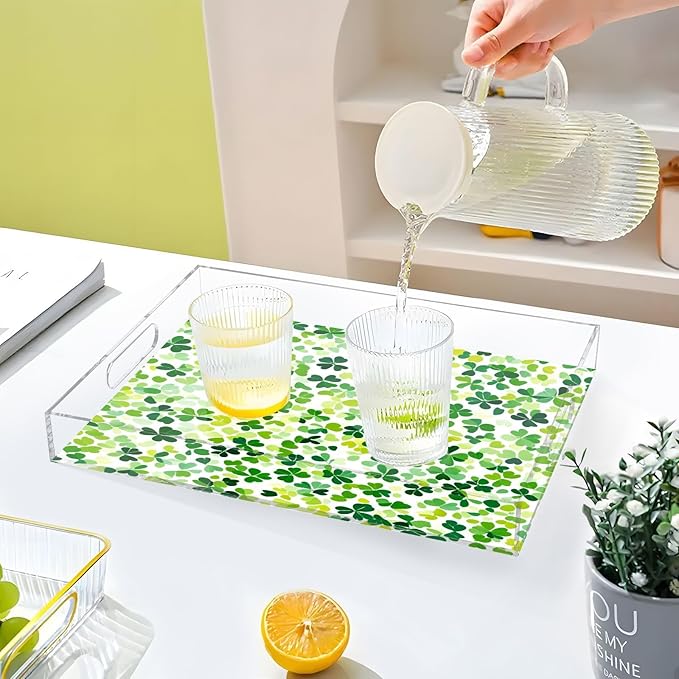 Serving Tray with Handles Clear Acrylic Tray 12x16 Inch Decorative Rectangular Tray Organizer for Ottoman Coffee Table Bathroom Bright Green Clover St. Patrick