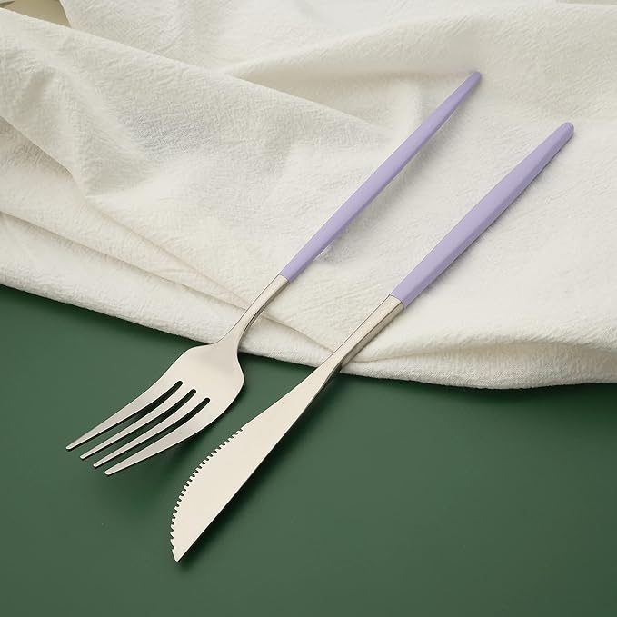Silverware Set, 24 Pcs Stainless Steel Flatware Cutlery Set, Knives Forks and Spoons Set with Colored Handles, Rust-proof Serving Utensils, Mirror Polished, Service for 6 (Silver+Purple)