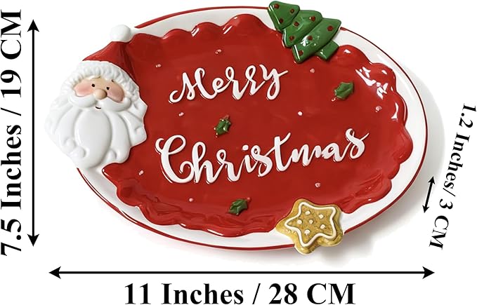 Red Oval Xmas Snacks Appetizer Trays Sets, Christmasman Dessert Porcelain Serving Dishes, Snack Platter, Food Cereal Salad Bowl, Christmas Santa Claus High Relief Ceramic Plate - Red