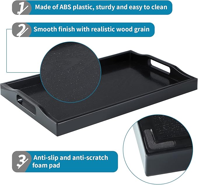 MDLUU Set of 2 Plastic Serving Tray, Ottoman Tray with Cutout Handles, Rectangle Butler Tray for Breakfast in Bed, Coffee Table, Kitchen Countertop (Black)