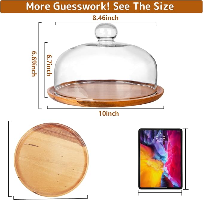 10 Inch Wooden Base Cake Display Stand with Glass Dome,Cloche Clear Glass Bell Jar Cover for Dessert Cheese Candy Plants Succulents