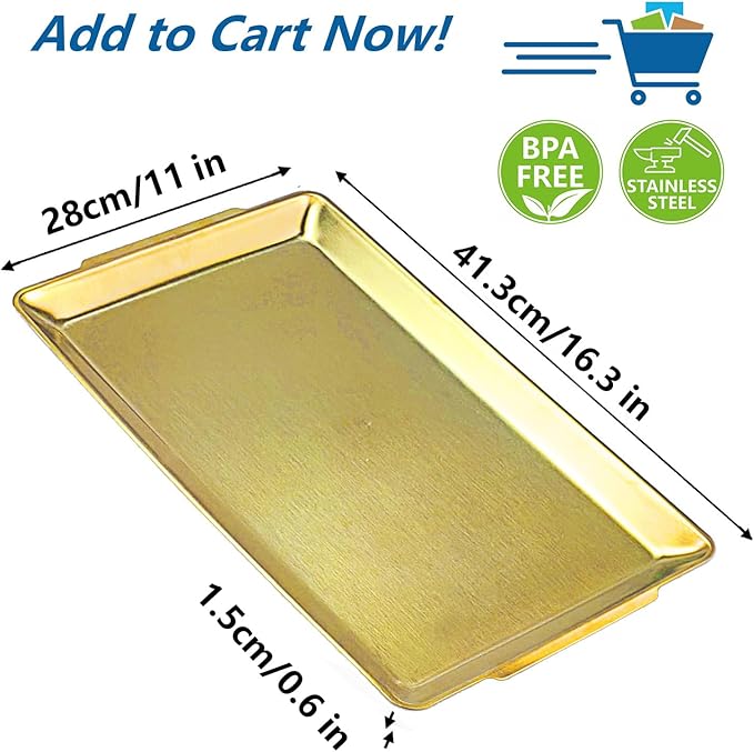 16.3" x 11" Large Serving Platters Set of 2, Stainless Steel Heavy-Duty Large Serving Trays, Gold Rectangular Plates for Food, Fruit, Party, Wedding, Christmas, Chip and Scratch Resistant