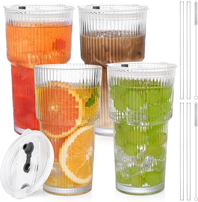 AFINSEA 20OZ Glass Tumbler with Straw and Lid,Glass Cups with Lids and Straws,4PCS Ribbed Iced Coffee Cups Vintage Glassware for Juice Whiskey Cocktail Beer