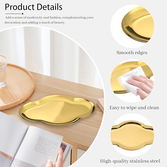 2Pcs Stainless Steel Jewelry Tray, 9in Cute Cloud Bathroom Decorative Tray Trinket Dish, Ring Dish Vanity Tray for Perfume Key Candle Aesthetic Room Decor (Gold)