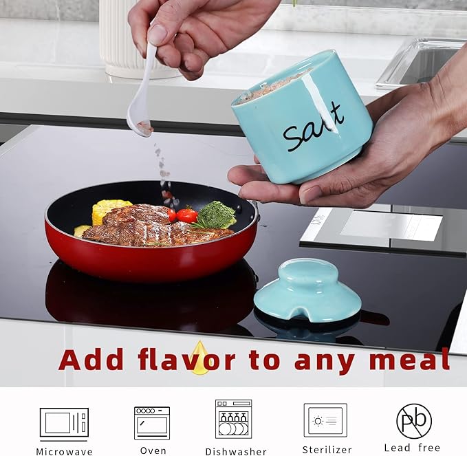 ONTUBE 8oz Sugar and Salt Bowls with Lid and Spoon, Ceramics Condiment Pots,Seasoning Jar Spice Container for Kitchen,Dishwasher Safe (Turquoise)