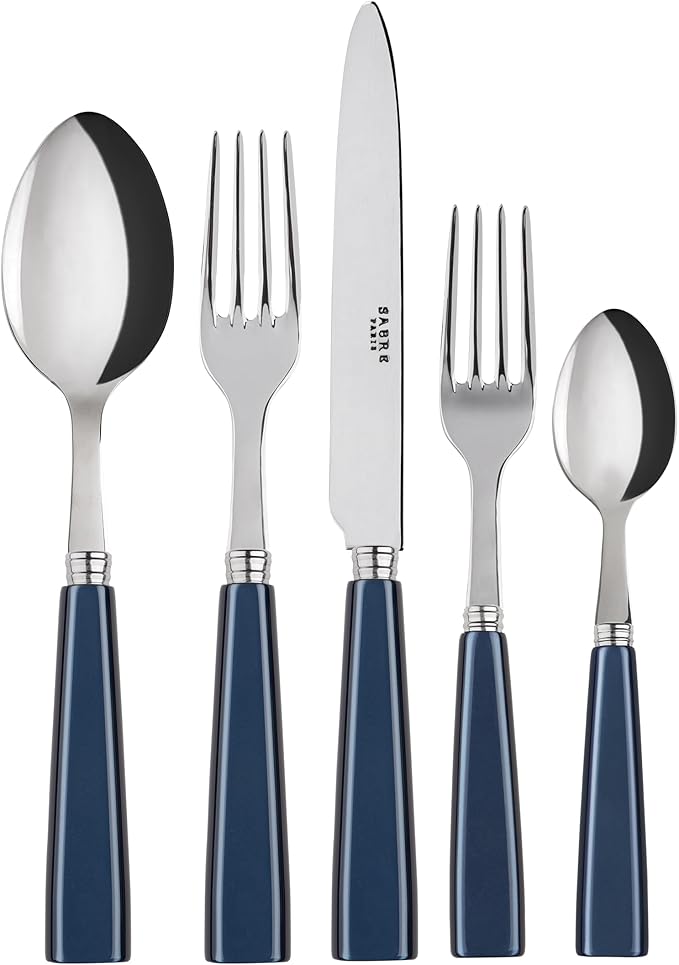 SABRE PARIS - 5-Piece Flatware Set - Icône Collection - Knife, Fork, Soup Spoon, Teaspoon & Dessert Fork - Stainless Steel & Acrylic - Dishwasher Safe - Midnight Blue