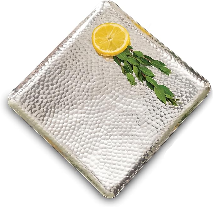 India Handicrafts 12418 Hammered Square Silver Tone 12 inch Aluminum Serving Tray Plate