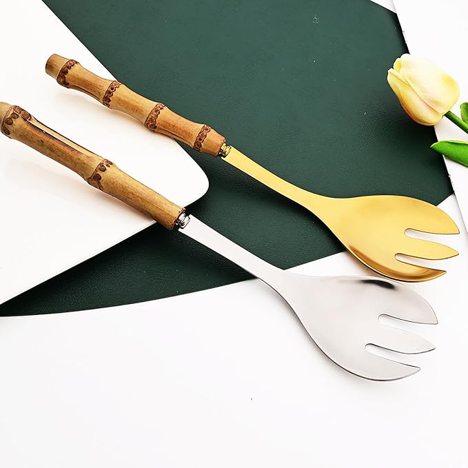 4PCS Serving Fork, 18/10 Stianless Steel Silver Resuable Serving Utensils With Bamboo Handle, Buffet Banquet Seafood Fork, 10-inch