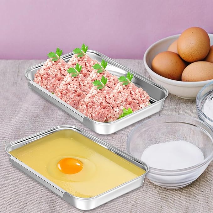 Breading Trays Set of 3 Dredging Trays for Cooking, Stainless Steel Breading Pans Set for Marinating Meat, Chicken, Fish, Food Prep Tray