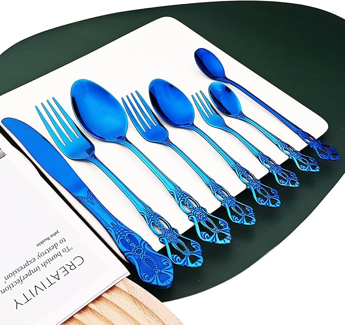 Elegant 32-Piece (4 Set) Retro Flatware Set, Stainless Steel Cutlery Set - Complete Eating Tableware Serving Set, Dishwasher Safe, Shiny Mirror Polish (Blue)