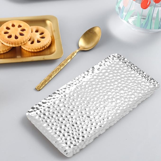 Hammered Tray, Exquisite Stainless Steel Rectangular Serving Tray for Bedroom Bathroom Counter Kitchen Platters Serving Dishes, Trays Platters Silver Tray (Silver)
