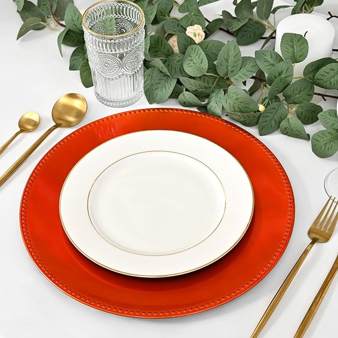 50 Pcs Orange Charger Plates Bulk, 13" Round Beaded Plate for Dinner, Decorative Plastic Table Chargers for Wedding, Holiday Party, Baby Shower, Event Decoration