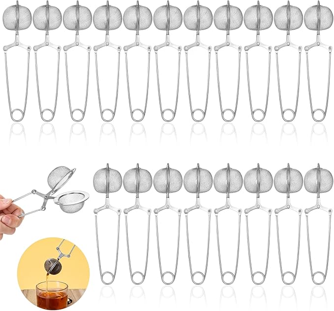 20 Pcs Stainless Steel Snap Ball Tea Strainer, Fine Mesh Tea Infuser Filter with Handle, Round, Silver