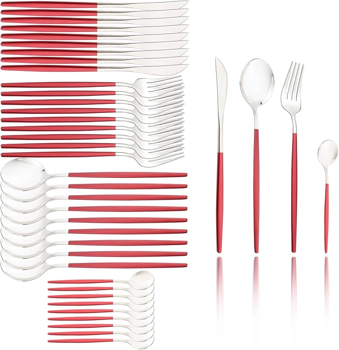 40 Pcs Silverware Set With Teaspoon For 10, Food Grade Stainless Steel Utensils Tableware Set, Elegant & Simple Flatware Serving Set Include Knife Fork Spoon, Mirror (Red Silver)