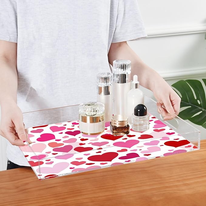 Serving Tray with Handles Clear Acrylic Tray 12x16 Inch Decorative Rectangular Tray Organizer for Ottoman Coffee Table Bathroom White Pink Love Valentine
