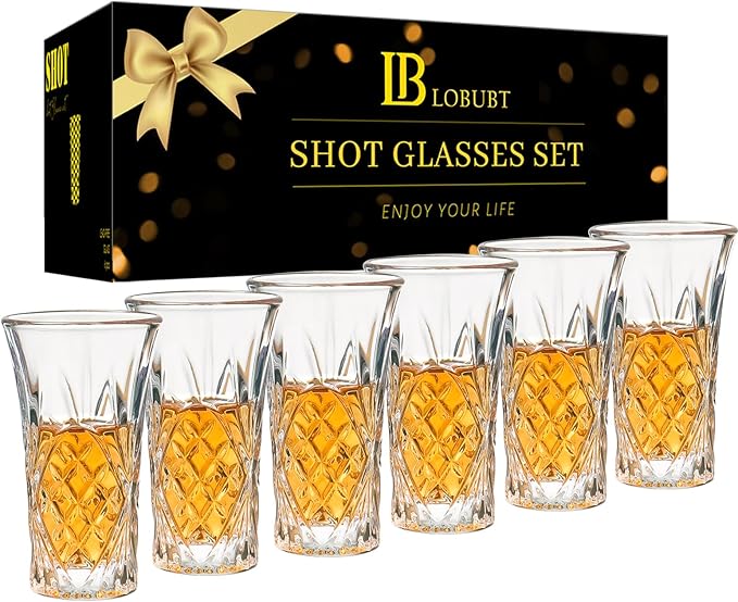 LOBUBT 6 Pack Shot Glass Bulk Set with Heavy Base 2 OZ Small Shot Cups for Vodka, Whiskey, Tequila, Espresso, Liquor Set