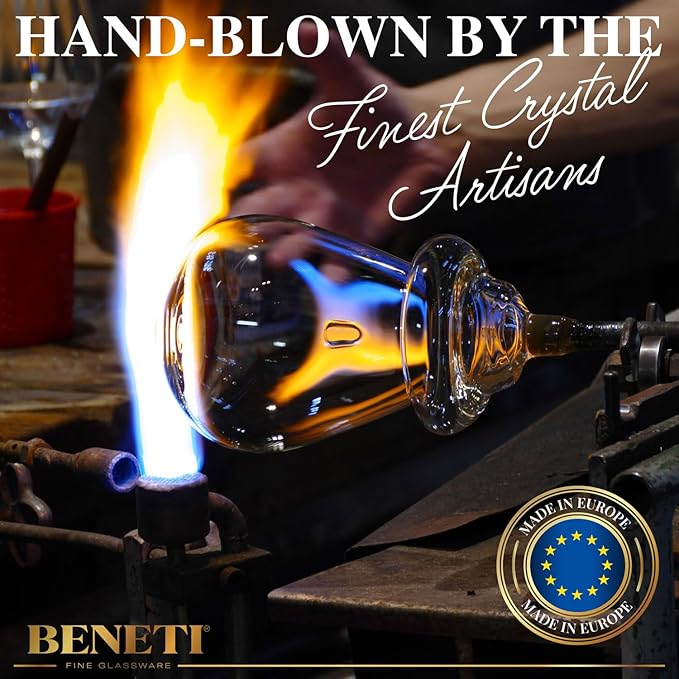 BENETI Luxury Wine Glasses Set of 4 | Handmade In Europe | 14oz Premium Crystal Red & White Long Stem Wine Glasses | Unique Modern Shape, Packaged In Beautiful Ready-to Gift, Gift Box