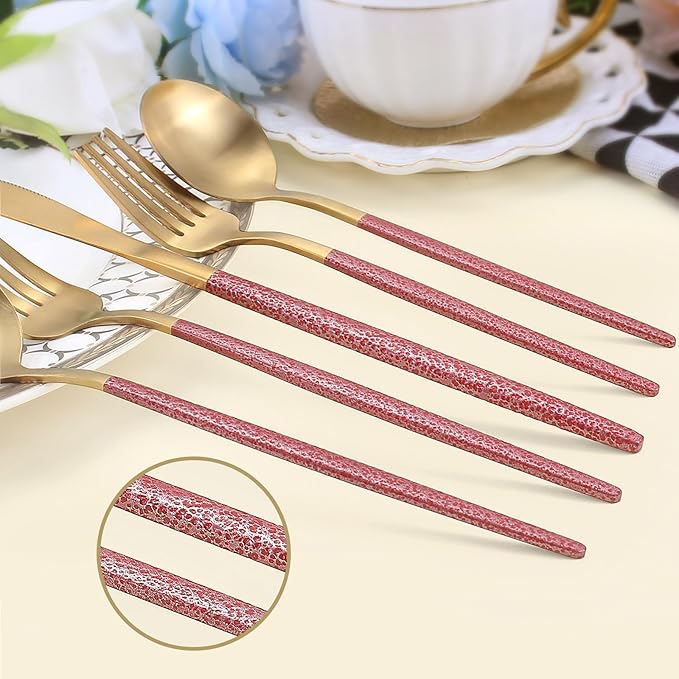 20-Piece Silverware Set for 4,Gold Flatware Set With Red Handle,Durable Kitchen Eating Tableware Set,Include Fork Knife Spoon Set,Premium Stainless Steel Flatware Set,Dishwasher Safe