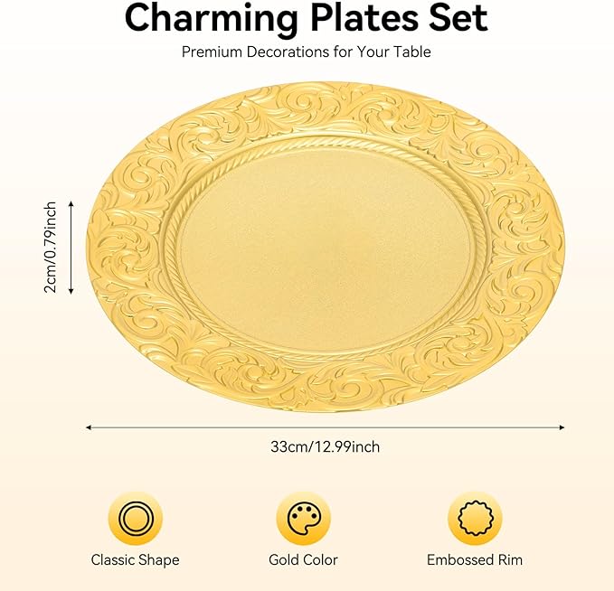 100Pcs Round Charger Plates, 13 Inch Reusable Serving Plates with Embossed Rim, Elegant Decorative Flower Relief Carving Chargers, Charger Plates Bulk for Wedding Party Event Decoration (Gold)