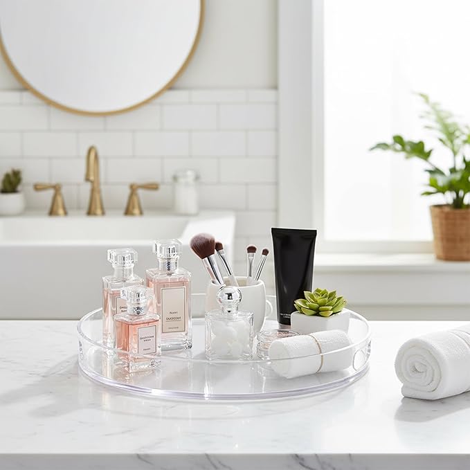 Amazing Abby - Sultana - 2-Pack Acrylic Vanity Tray (12" Dia.), Plastic Bathroom Countertop Organizer, Round Coffee Table Tray, Clear Dish for Home Decor, Great for Makeup, Perfume, Jewelry, and More