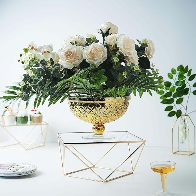 Efavormart Gold Metal Geometric Cake Stand Display Centerpiece Pedestal Riser with Square Glass Top - 14"
