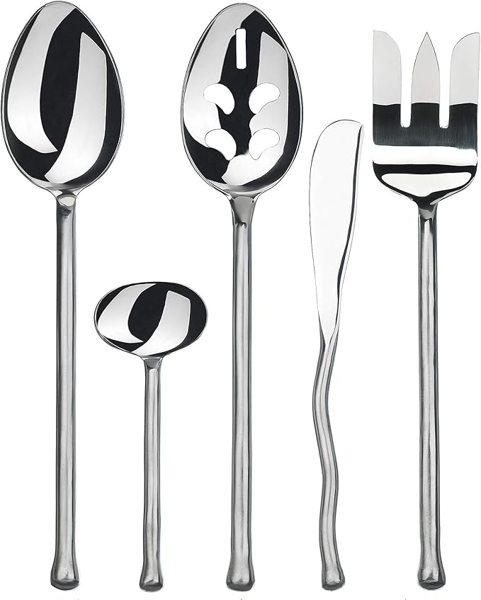 Gourmet Settings - 5-Pieces Hostess Silverware Set - Exotique Platinum - Matte/Polished Metal Flatware Serving Set - Stainless Steel Kitchen Utensils Knife/Fork/Spoons