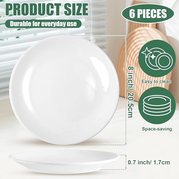 White Dinner Plates Set of 6, 8 Inch Ceramic Salad Plates,Ceramic Appetizer Plate,White Dessert Plate for Appetizers Salad Snacks, Microwave & Dishwasher Safe