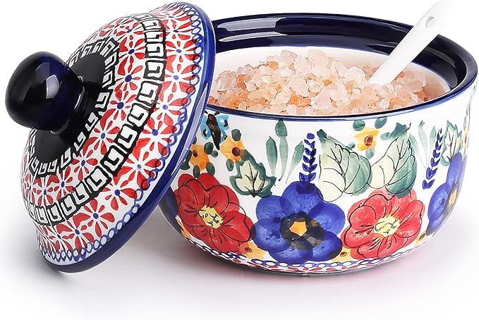 silesia Handmade Sugar Bowl with Lid and Spoon, 10 Ounce Ceramic Hand-Painted Sugar Jar for Kitchen in Gift Box, Kitchen Decor, Oven, Dishwasher & Microwave Safe, Polish Garden